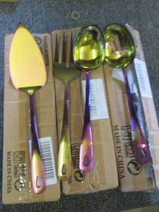 lot 134 image: 3 new metal  colorful flatware sets...