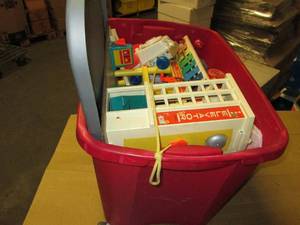lot 399 image: red tote of vintage toys ...
