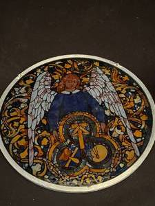 lot 83 image: Religious Painted Egg and Glass Stained glass Picture