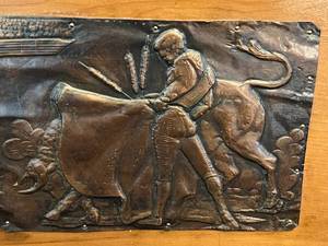 lot 110 image: Bull Fighter and Bull Brass Plate Plaque