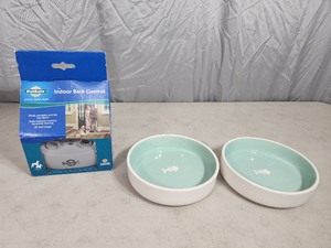 2 New Stoneware Boots and Barkley Pet Bowls and New Petsafe Indoor Bark Control