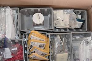 lot 148 image: Large Home Depot Box full of bins and various contents