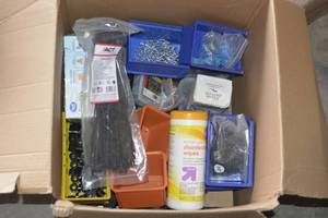 lot 96 image: box of parts bins and contents