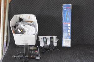 lot 150 image: office phones, Bosch tripod, and box of cables
