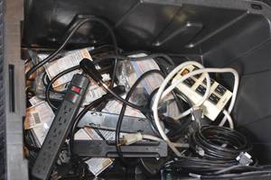 lot 159A image: Tote of extension cords and cables