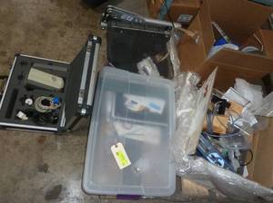 lot 5 image: Pallet full of items, including a Konica Minolta viscometer, Brookfield pieces, small cutter, Biopac electrode check unit MP35