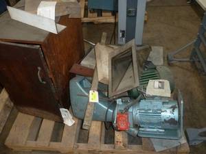 lot 92 image: Pallet of motors and cabinet with parts