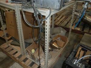 lot 96 image: Pallet with 2 small shelving units and all kinds of misc parts