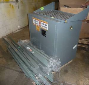 lot 112 image: Pallet with a Flammable storage cabinet and a bunch of shelving pieces