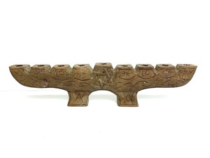 lot 2 image: Vintage Signed Judaica Hand Carved Wooden Folk Art Menorah by RJ Joseph