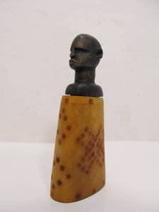 lot 21 image: Antique Carved Bone Bottle or Jar w Figural Wooden Stopper