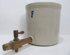lot 27 image: Antique Stoneware Crock or Dispenser w Wood Spigot
