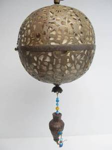 lot 149 image: Vintaeg Mid Century Oriental Pierced Brass Hanging Sconce Orb Lamp wDragon Bracket
