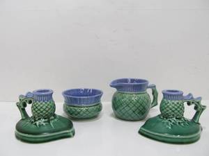 lot 173 image: Signed Vintage Scotia Ceramics Candle Holder Set & CreamSugar