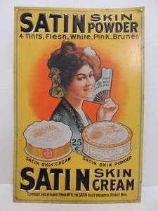 lot 190 image: Embossed Tin SATIN Skin Powder Advertising Sign