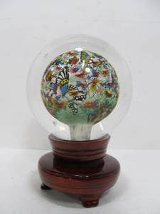 lot 60 image: Very Nice Signed ReverseInterior Painted Oriental Glass Ball on Stand - Butterflies