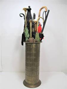 lot 41 image: Fantastic Estate Lot of Vintage Umbrellas in Hammered Brass Stand