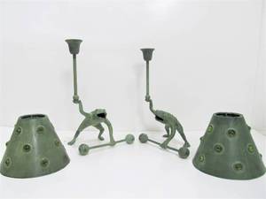 lot 250 image: Pair of Patinated Brass or Bronze Bergman Style Weightlifting Frog Candle Holders