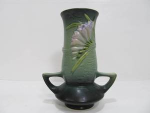 lot 267 image: Art Deco Roseville Pottery Freesia Green Floral Vase 7.5