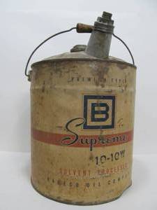 lot 213 image: Vintage BARECO 5 Gallon Motor Oil Can