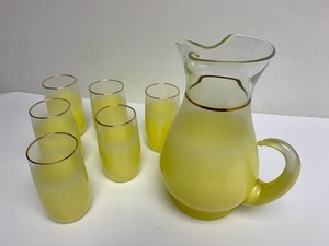 lot 335 image: Vintage West Virginia Glass BLENDO Juice Glass & Matching Pitcher - Yellow