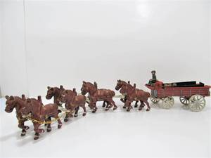lot 274 image: Vintage Style Large Cast Iron Toy Horse Drawn Delivery Wagon