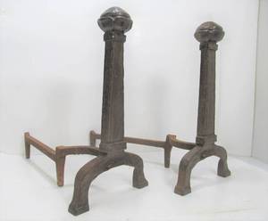 lot 289 image: Antique Signed Cast Iron Fireplace CUTTER Mfg Company Andiron Set 