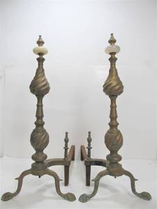 lot 290 image: Vintage 1930s Solid Brass & Onyx Andiron Set