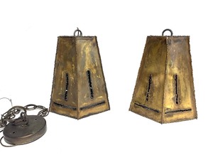 lot 247 image: Matching Pair of Original Mid Century 1960s era Brutalist Brass Pendant Lamps
