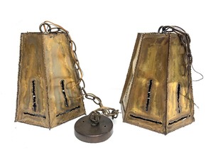 lot 248 image: Matching Pair of Original Mid Century 1960s era Brutalist Brass Pendant Lamps