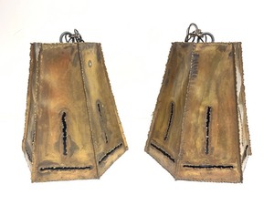 lot 246 image: Matching Pair of Original Mid Century 1960s era Brutalist Brass Pendant Lamps