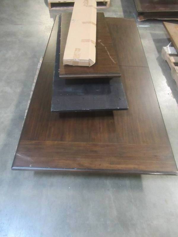 lot 336 image: CREATED FOR MACYs FURNITURE, Solid Wood Table Top (Top Only) In Walnut Finish. Includes 18 leaf. Slight Corner and Edge DingsScratches (see photos).  Approximate Dimensions 84 X 42.