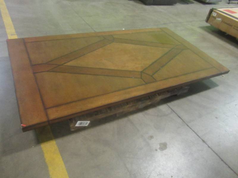 lot 348 image: CREATED FOR MACYs FURNITURE, Solid Wood Dining Table Top With Inlay Pattern. Some slight corner and edge damage. Approximate Dimensions 44 x 82.