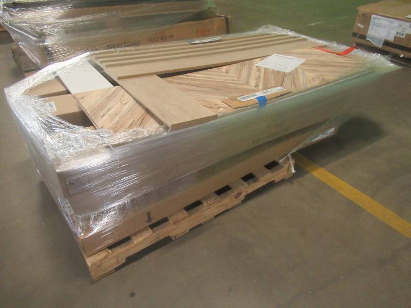 lot 356 image: LARGE WHOLESALE PALLET OF FURNITURE (Could have Table Tops, Bed Parts, and More), These Boxes Have not been inspected and are being sold directly off the truck. Condition is unknown.