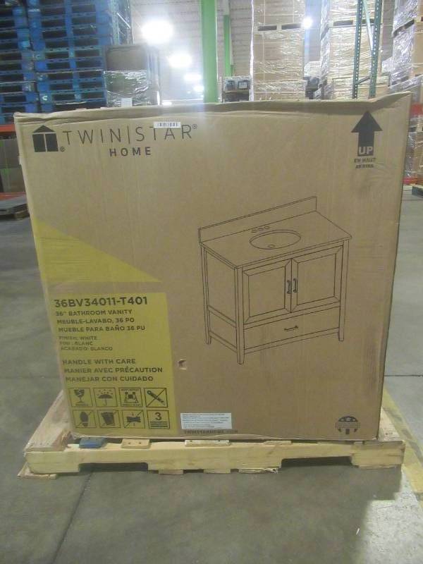 lot 501 image: Twin Star Home Tap and Hold to Zoom 30 in. W x 20 in. D Bath Vanity in White with Virteous China Vanity Top in White, 36BV34011-T401 New in Box.
