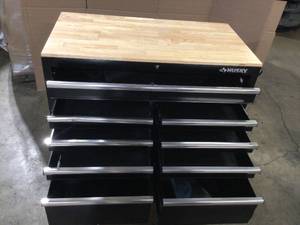 Husky 46 in. W x 24.5 in. D Standard Duty 9-Drawer Mobile Workbench Tool Chest with Solid Wood Top in Gloss Black  Customer Returns See Terms on Auction