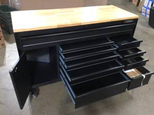 Husky 61 in. W x 26 in. D Heavy Duty 10-Drawer 1-Door Mobile Workbench with Hardwood Top, Pegboard and Shelf in Matte Black Customer Returns See Terms on Auction