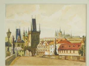 lot 78 image: Vintage 1969 Water Color of the Charles Bridge in Prague, Czech Republic