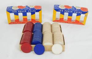 lot 91 image: Lot of 2 Boxes Vintage Van Dyke Noiseless, Unbreakable, Embossed Fleur de Lis Poker Chips