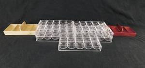 lot 92 image: Lot of 9 Plastic Casino Style Chip Racks and 2 Wood Casino Style Chip Racks