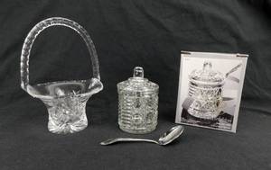 lot 49 image: Cut Lead Crystal Basket and Royal Brighton Jam Jar with Cover and Oneida Spoon