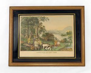 lot 83 image: Vintage Currier and Ives Hunting Fishing and Forest Scenes - Shantying on the Lake Shore Framed Print
