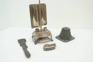 lot 112 image: Antique Lamp, Solid Metal Monkey Wrench, Vent, and vintage cleat