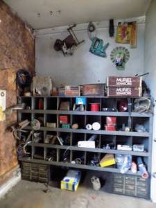 Storage containers, nuts and bolts, wire, wire ties, staples, chain, wire battery ends