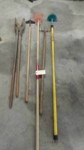 Lawn and garden tools apple picker, hoe, pitchfork, extendable brush
