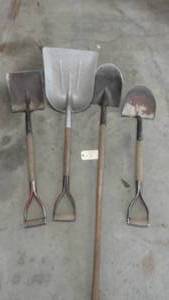 Lawn and garden tools, 4 shovels, aluminum scoop, 3 dirt shovels