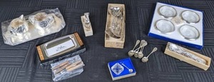 Variety of Silver and Silver-Plated Items Rogers Silver Plate Tray with Sugar and Creamer, Hors DOeuvre Set, Westmorland Sterling Silver Spoon and Salt Cellar, and More