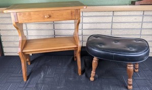 Vintage 1-Drawer Side Table and Kidney Shaped Foot Stool