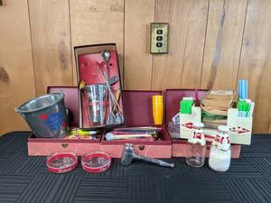 A Variety of Bar Accessories, Coasters, Shot Glasses, Ash Trays, Drink Stirrers and More