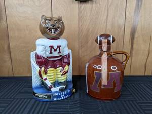 Set of 2 University of Minnesota Gophers Football Hockey Ezra Brooks Decanters